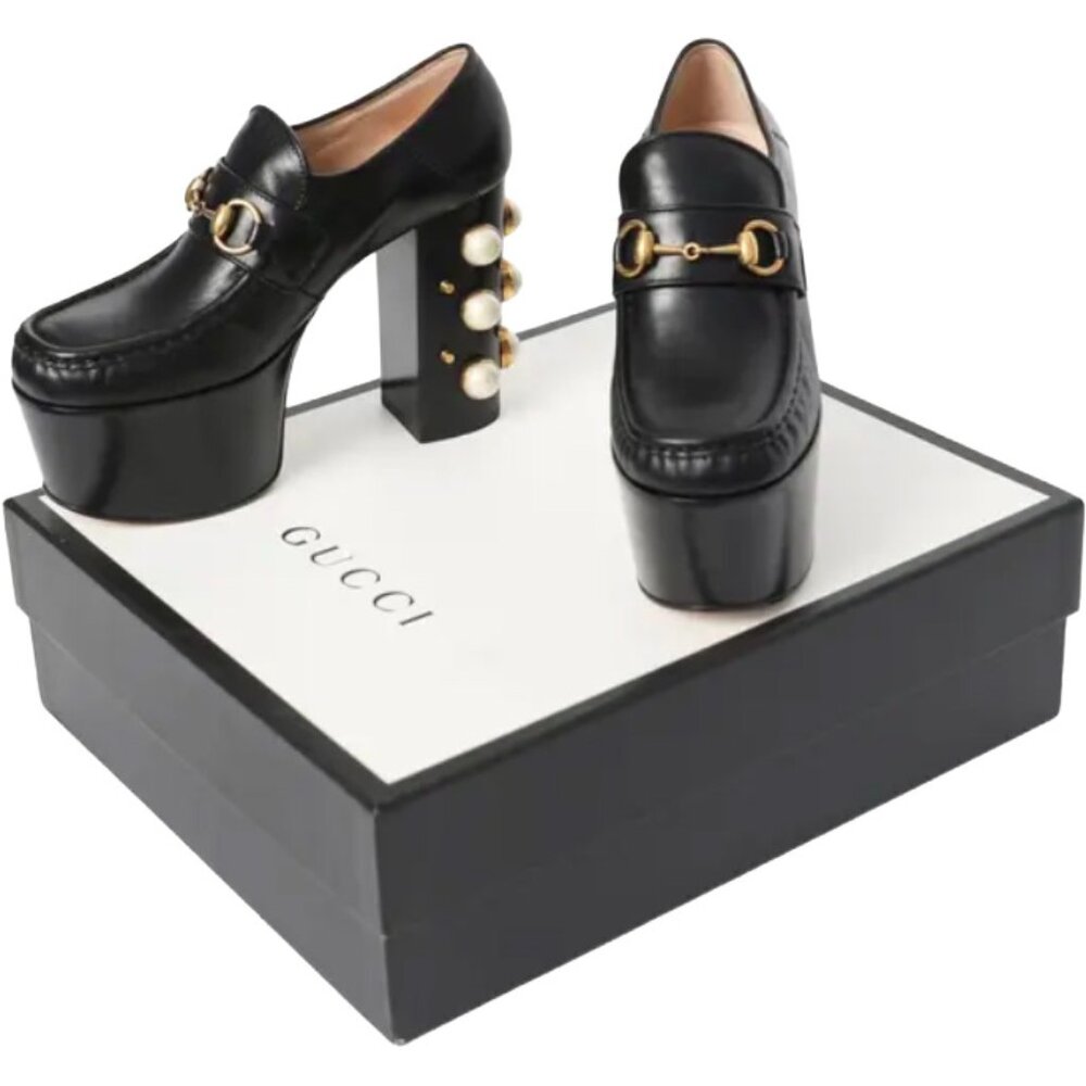 Gucci Black Leather Pearl Studded Vegas Platform Loafer Pumps Size 36